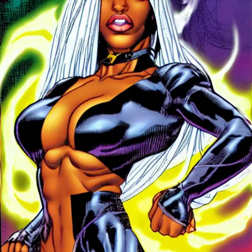 Image similar to aaliyah dana haughton as storm from the x - men, vector image, comic books style, very detailed, by jim lee, by jae lee, by todd mcfarlane, by rob liefeld