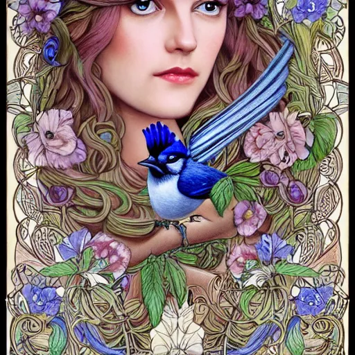 Image similar to realistic detailed face portrait of a beautiful woman with flowers in her hair and a blue jay nesting in her hair by jenny savilla, michael c hayes, fairytale, art nouveau, victorian, character concept design, smooth, extremely sharp detail, finely tuned detail, story book design, storybook layout