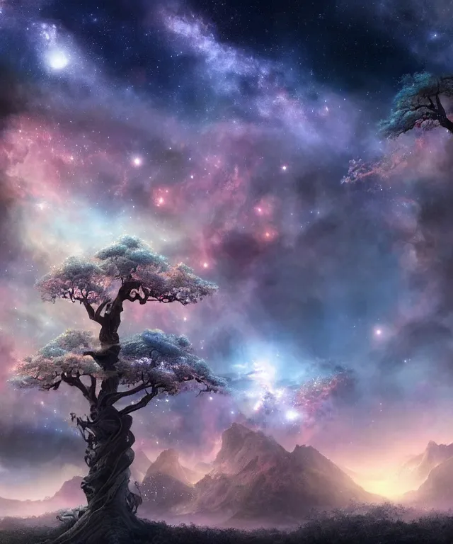 Image similar to a beautiful dreamlike terrain with large twisting trees and the nebula peeking through the sky, digital matte painting by yucong tang