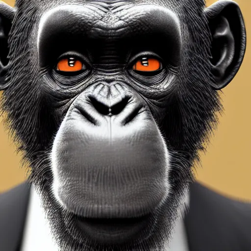 Image similar to a high detail shot of a chimp wearing a suit, smoking, render, cgsociety, photorealism