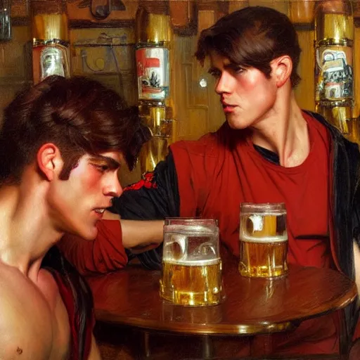 Image similar to attractive muscular male with red hair and muscular attractive male with black hair, drinking their hearts out, in a pub. very defined and highly detailed painting by j. c. leyendecker, gaston bussiere, craig mullins 8 k