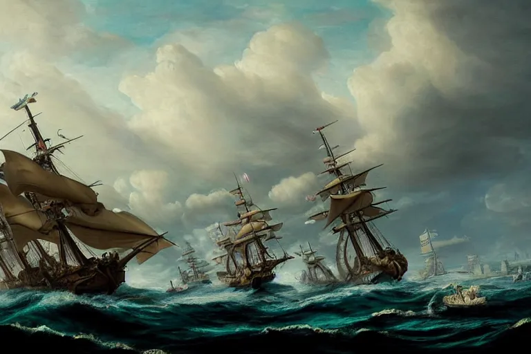 Image similar to Epic battle between a ship and a giant squid as a painting by Louis Philippe Crepin. 8k octane beautifully detailed render, post-processing, extremely hyper-detailed, intricate, epic composition, highly detailed attributes, highly detailed atmosphere, cinematic lighting, masterpiece.