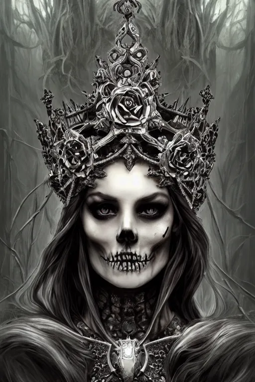 Prompt: skull queen with an origami crown, hints of silver jewelry, gothic, eerie, intricate detail, dramatic lighting, mist, grey, 4k, fantasy, intricate, very very beautiful, elegant, highly detailed, digital painting, artstation, concept art, smooth, sharp focus, illustration, art by artgerm and greg rutkowski and alphonse mucha