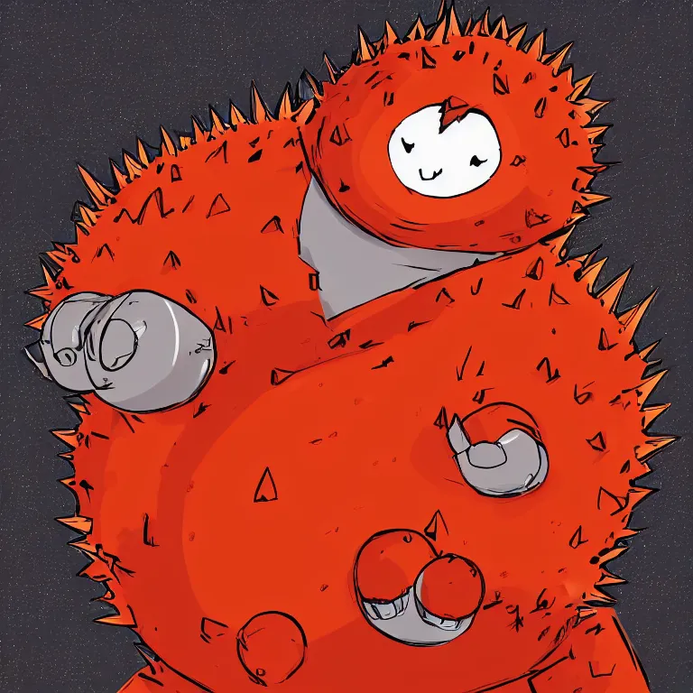 Prompt: a digital drawing of a big round man in a red bodysuit with a bald head and hair extending in spikes to the sides and dark googles, and a small orange furry creature, together in bed gazing at each other longingly, ms paint drawing, trending on artstation