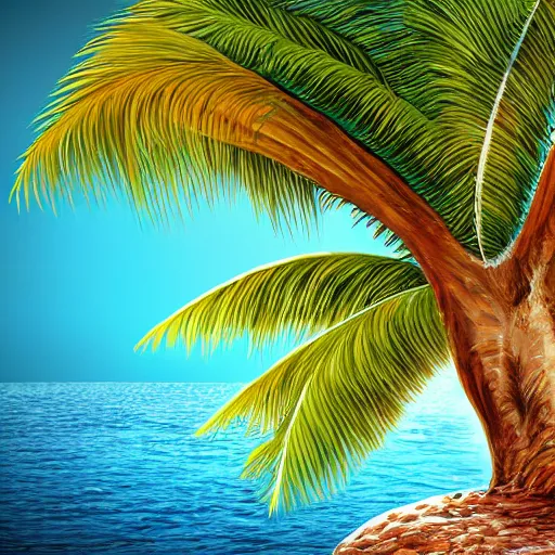 Image similar to lone palm tree on a lonely island in the sea, concept art, illustrated, highly detailed, high quality, bright colors, optimistic,