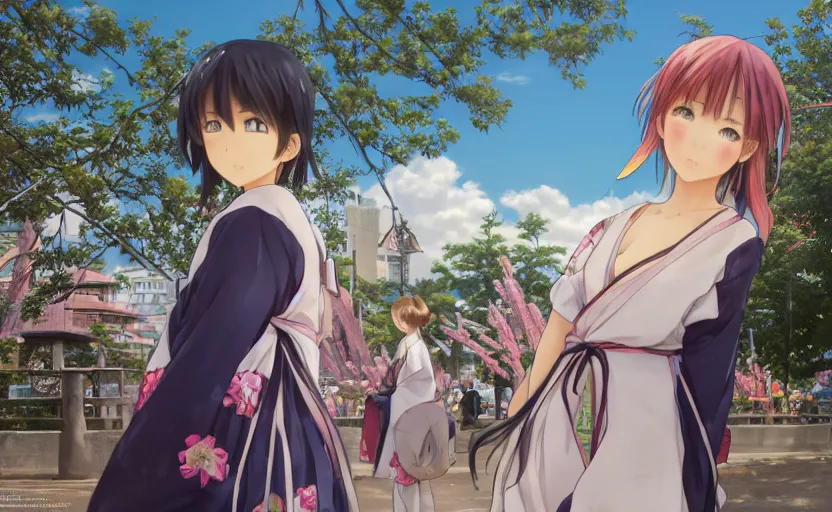 Prompt: anime style, panoramic view, a girl walking, summer festival in background, yukata clothing, battlefield in background, hair down, symmetrical facial features, real faces, from arknights, hyper realistic, 4 k, extreme detail, trending artstation, safebooru, realistic lighting, by alphonse mucha, greg rutkowski, sharp focus