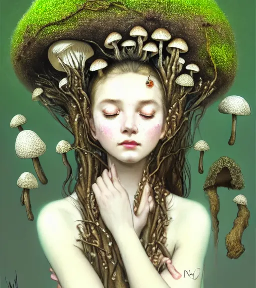 Prompt: full body portrait of teenage mushroom queen, long winding mycelium hair, peaceful expression, wearing clothing of lichen and fungus, bone jewelry, intricate, elegant, gem jewelry, mushroom cave, glowing lights, highly detailed, digital painting, artstation, concept art, smooth, sharp focus, illustration art by wlop, mucha, artgerm, and greg rutkowski