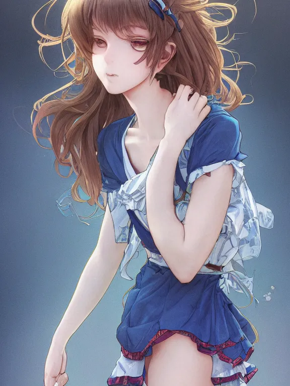 Image similar to full body picture of a blueberry neighborhood girl looking at the camera, cynical, bored, beautiful and aesthetic, intricate, unreal engine, messy hair, highly detailed, detailed face, smooth, sharp focus, chiaroscuro, manga illustration, artgerm, greg rutkowski, alphonse mucha, young adult light novel cover art