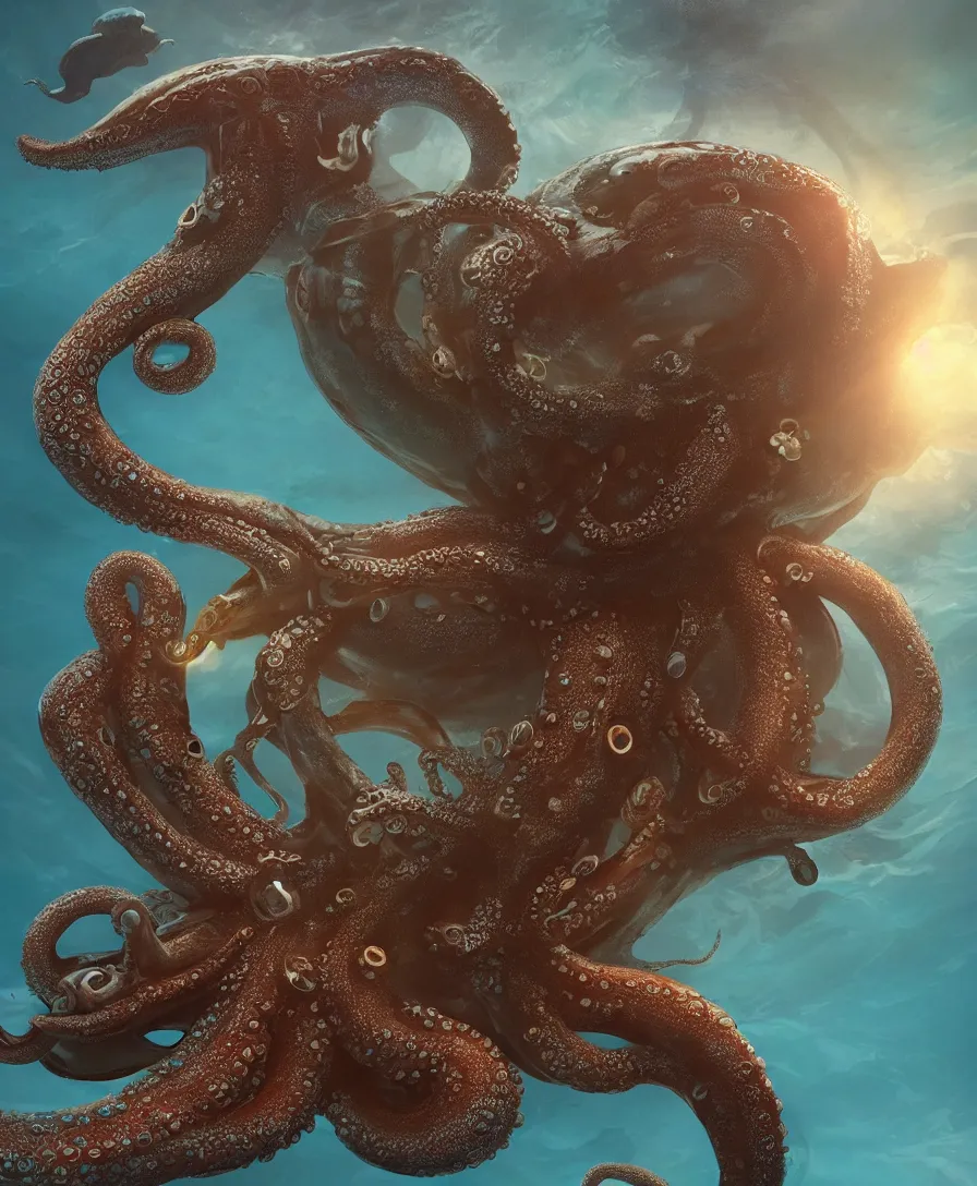 Image similar to hyper realistic giant octopus holding a small submarine underwater, illustrated by greg rutkowski, beautiful volumetric lighting, intricate, ultra detailed, photorealistic, trending on artstation, octane render, 8 k