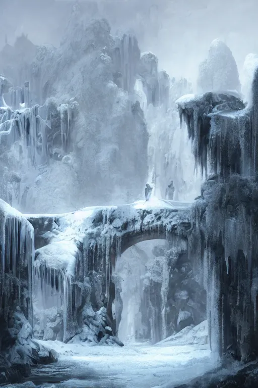 Image similar to a palace made of crystal stone with arches and bridge on top of a waterfall in the snow, blizzard, a small stream runs beneath the waterfall, landscape, raphael lacoste, eddie mendoza, alex ross, concept art, matte painting, highly detailed, rule of thirds, dynamic lighting, cinematic, detailed, denoised, centerd