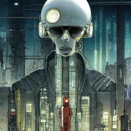 Image similar to Digital portrait of a Ghost in the machine by Enki bilal and Moebius and francois Schuiten, cyberpunk, impressive perspective, masterpiece