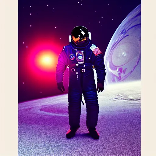 Image similar to photograph of an astronaut against the pitch black darkness of space, nothing behind, full body photo, amazing light and shadow contrast,, 8 k