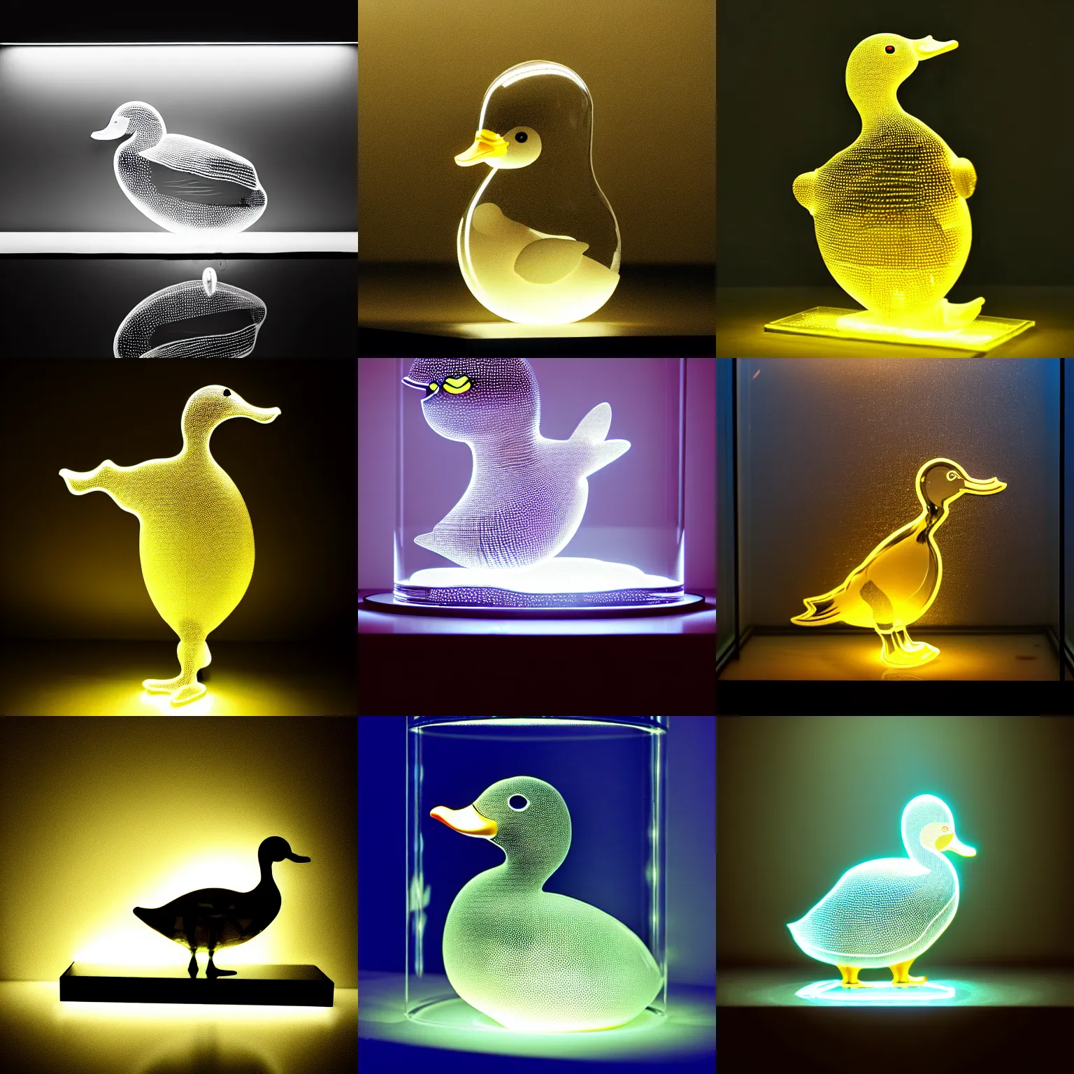 Prompt: a photo of a [ transparent duck made of glass ] in a busy room [ dimmed duck made of transparent glass ], intricate, epic lighting, cinematic composition, hyper realistic, artstation