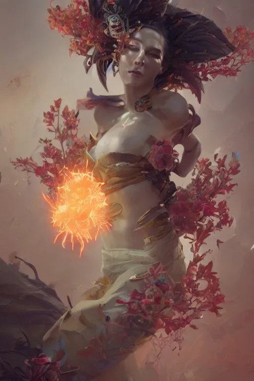 Image similar to beautiful girl necromancer, witch - doctor exploding into flowers, angels, 3 d render, hyper - realistic detailed portrait, holding electricity and birds, ruan jia, wlop. scifi, fantasy, hyper detailed, octane render, concept art, peter mohrbacher