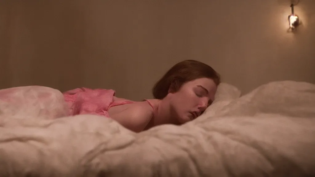 Image similar to movie still of girl having sleep paralysis, cinematic composition, cinematic light, criterion collection, by david lynch and emmanuel lubezki