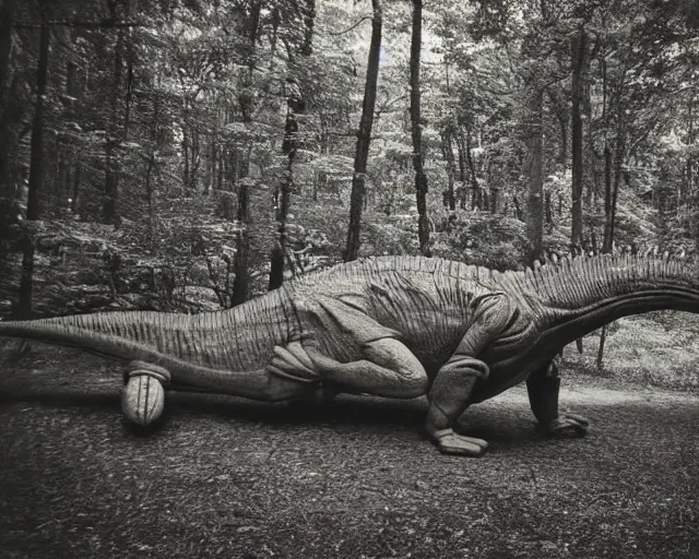 Prompt: hyper realistic vintage photograph of a real dinosaur in a forest, ultra detailed, grain, old, monochrome, sepia toned, realistic lighting, wide angle