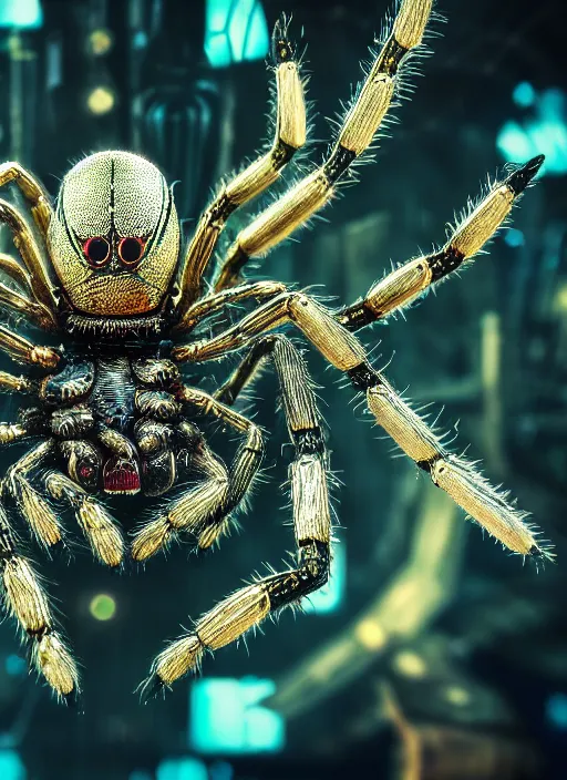 Image similar to macro photo of an intricate biomechanical spider, on the background of a weird magical mechanical forest. Round gears visible inside her hear. Very detailed 8k. Fantasy cyberpunk horror. Sharp. Cinematic post-processing