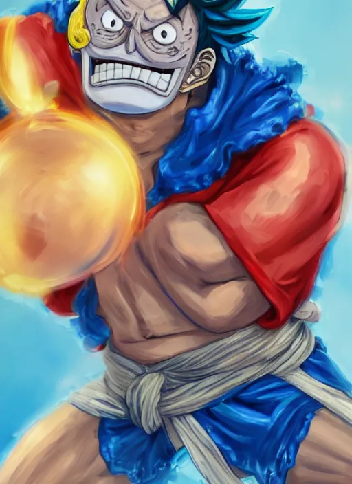 Image similar to a portrait of Franky from one piece as a real man, wearing a traditional sumo dress, very muscular, blue hair, handsome chad chin, glowing red laser eye, intricate, highly detailed, digital painting, artstation, concept art, smooth, sharp focus, illustration, art by Gustave Baumann, matte painting