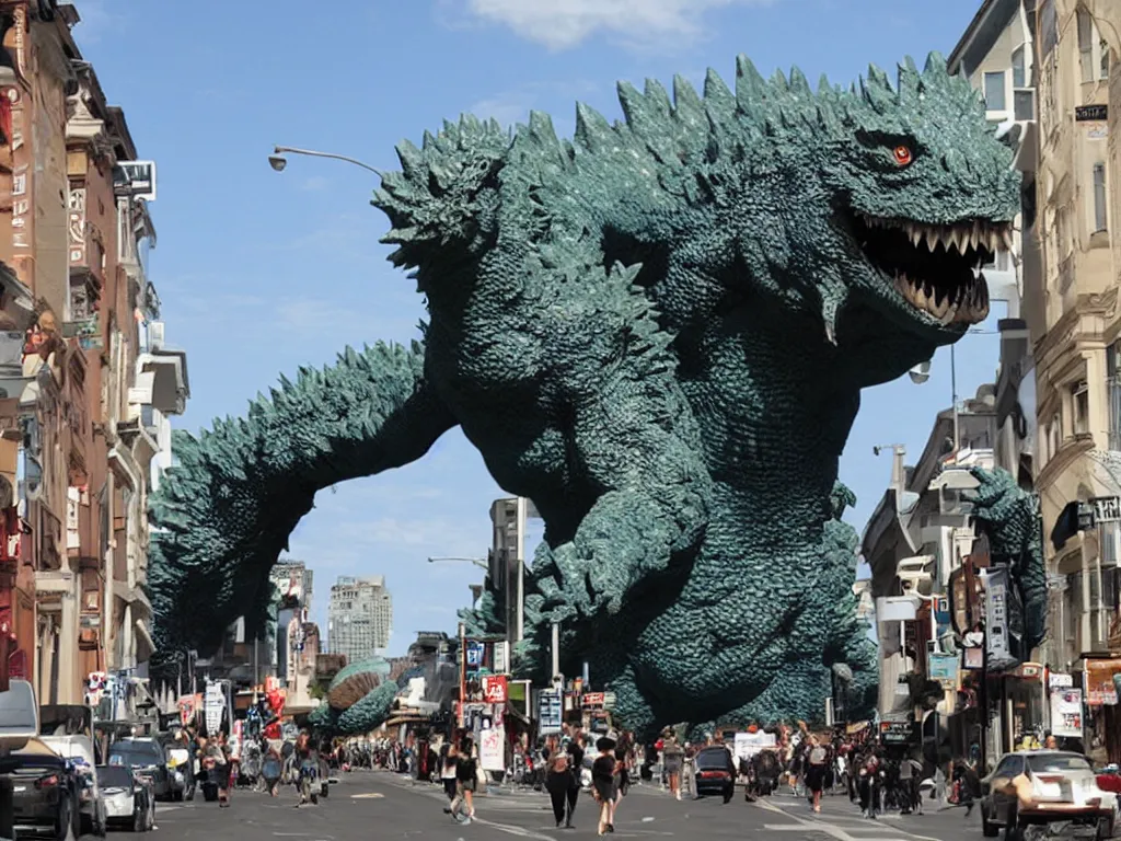 Image similar to Town running terrified from a giant inflatable Godzilla