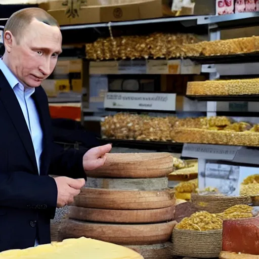 Image similar to close up of vladimir putin visiting a cheese market