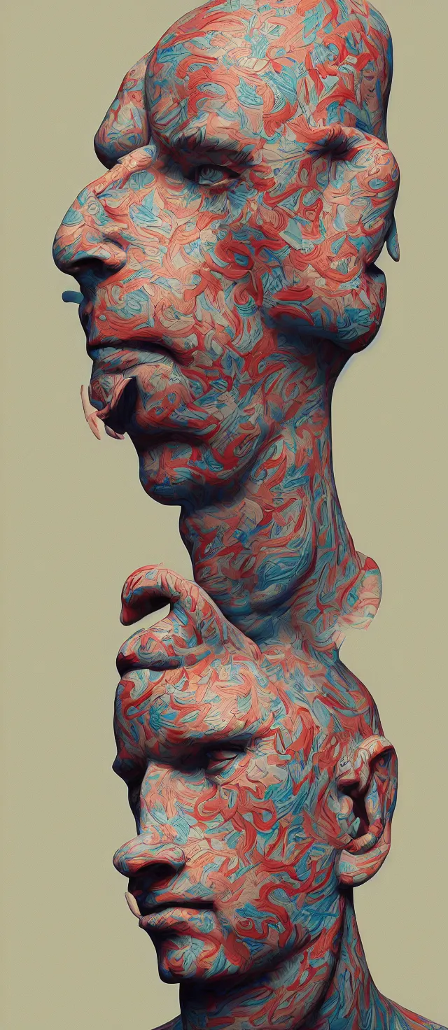 Prompt: man by james jean, high quality masterpiece painted, detailed patterned background, 4 k, trending on artstation, octane render,