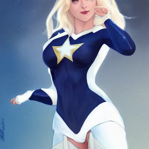 Prompt: a beautiful portrait of a beautiful cute superhero woman, blonde hair, matte navy - blue bodysuit with a white star and white cape, intricate, elegant, 8 k, highly detailed, digital painting, concept art, smooth, sharp focus, illustration, disney, anime, by artgerm and loish and wlop and alphonse mucha