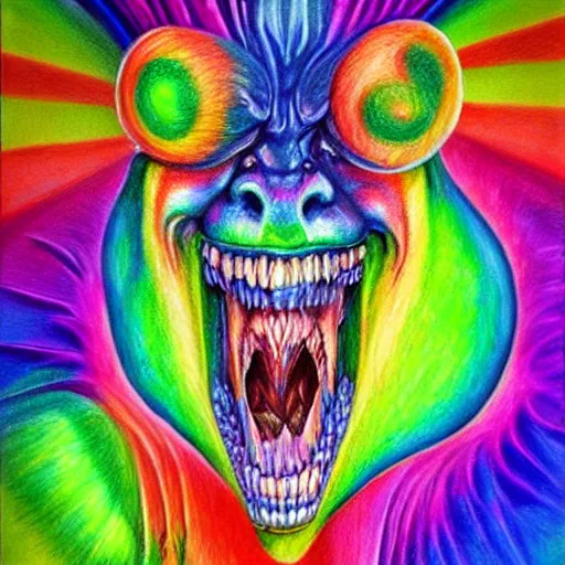 Prompt: hyperrealistic drawing of a monster made of rainbows, terrifying, beautiful, cringe, high detail