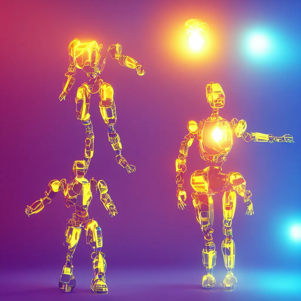 Prompt: gold blue pink black robot glowing full body , 3D render, dark background, smooth background, studio lighting, vivid colors, unreal engine