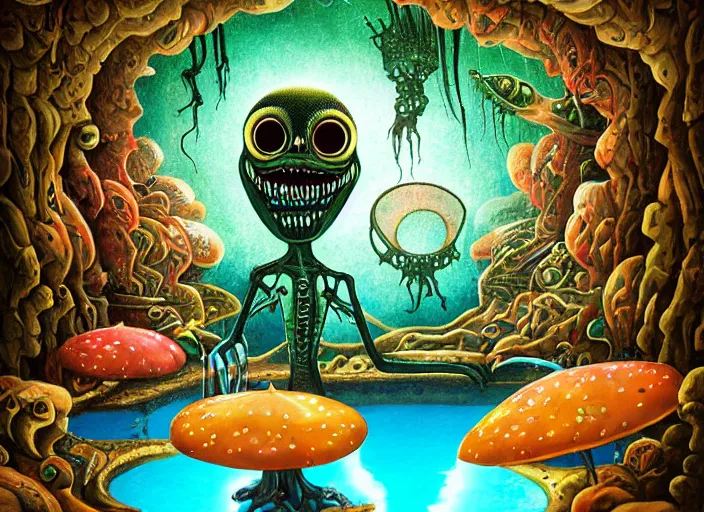 Image similar to 👽 aliens by a cave pool, lowbrow, amazing colorful background, digital art, concept art, in the style of mark ryden, 3 - d 4 k,