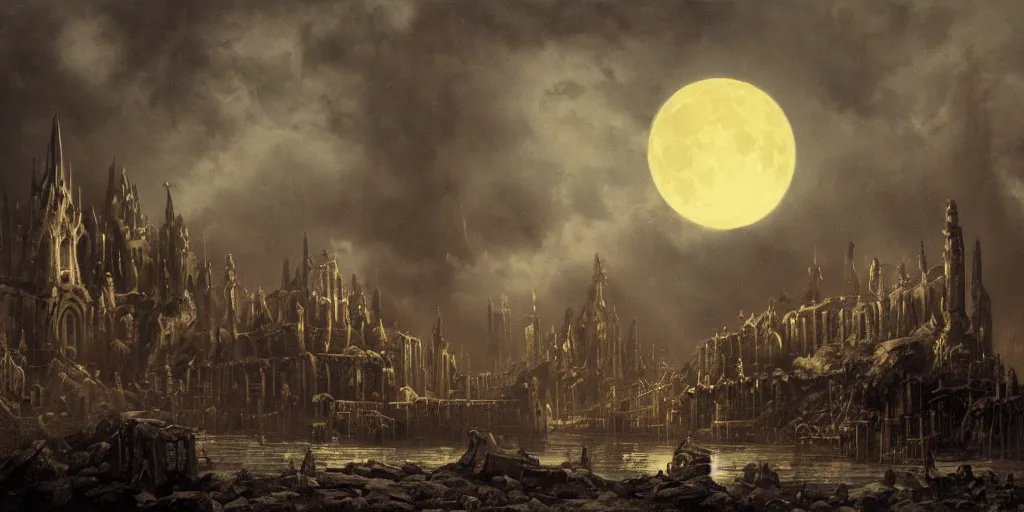 Prompt: dark fantasy matte painting of a city-size screaming pipe organ with teeth, moonlit night, evil godrays, fog, smoke, dark stormy weather by beksinsky and Goya, fine detail