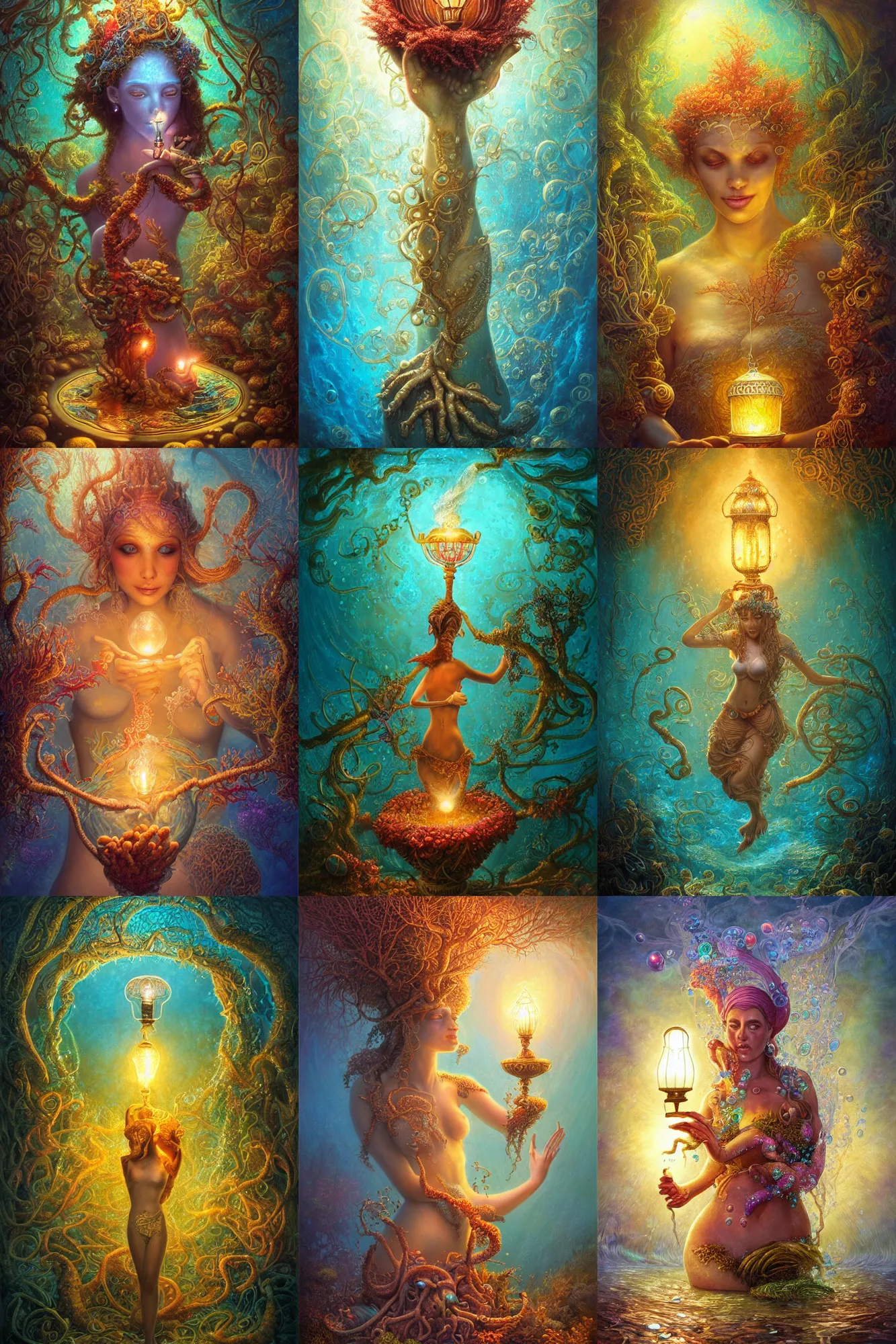 Prompt: a stunning ultra detailed underwater fantasy illustration of a genie holding a glowing lamp, overgrown with colorful coral, by tomasz alen kopera, water bubbles, sun rays penetrating water, very detailed, deep depth of field, 2 4 mm lens, golden hour hues, soft lighting, artstation, highly coherent, 8 k