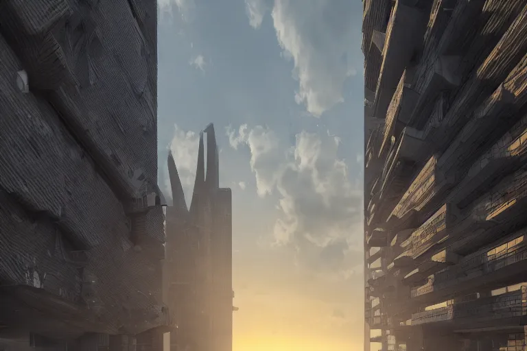 Image similar to streetscape, a towering cathedral of brutalist architecture, buildings covered with greebles, stunning volumetric light, sunset, metal, concrete and translucent material, stunning skies, majestic landscape, trending on Artstation, 8k, photorealistic, hyper detailed, unreal engine 5, IMAX quality, cinematic, epic lighting, in the style of Greg Rutkowski