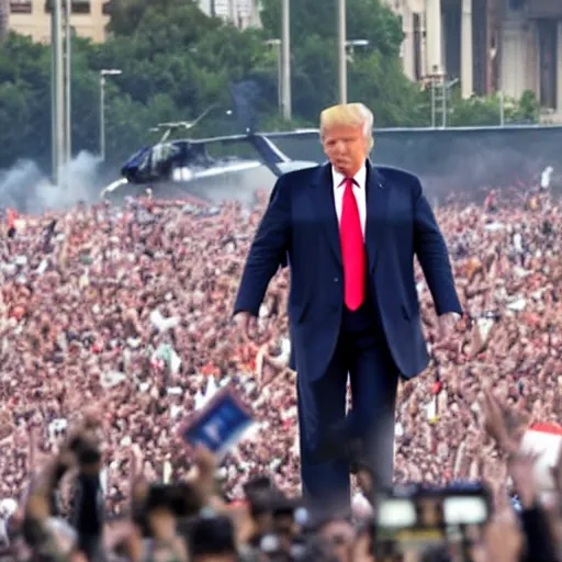 Image similar to donald trump running from the police, helicopters and explosions in the background