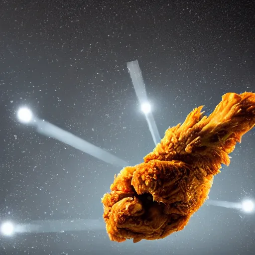 Image similar to fried chicken shooting with rockets, sci fi epic digital art, volumetric lighting, intricate detail, smooth, foggy, bokeh, futuristic