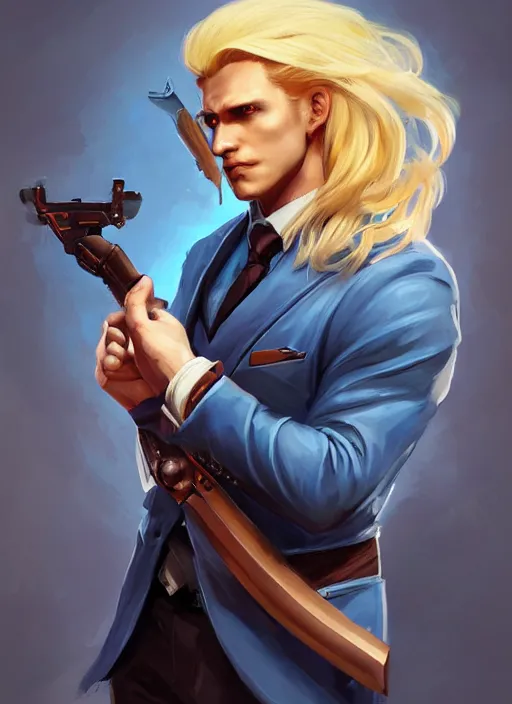 Prompt: artgerm portrait painting of a blond man in a blue suit with a sword and a pistol, asymmetrical, profile picture, organic painting, sunny day, matte painting, bold shapes, hard edges, street art, trending on artstation, by huang guangjian, gil elvgren, ruan jia, randy vargas, greg rutkowski