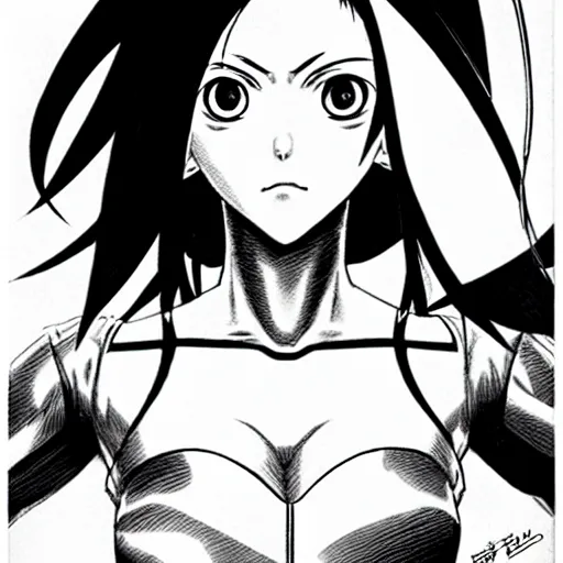 Image similar to alita by yukito kishiro. medium shot. black and white manga. pencil drawing.