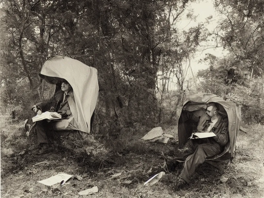 Prompt: portrait of a man with eye glasses reading in a tent in the forest. plane in the sky far away. artwork by irving penn