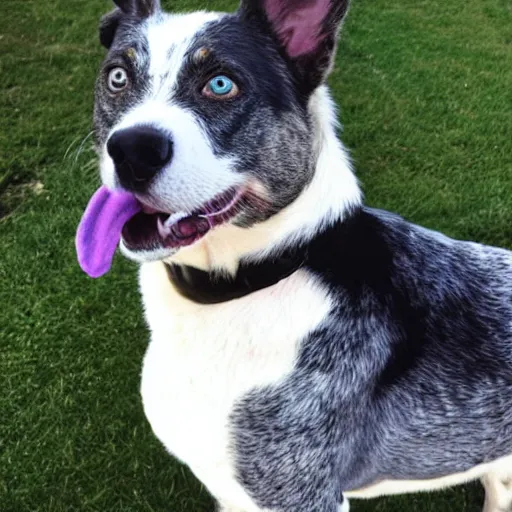 Prompt: Amy the Blue Heeler dog, making the stupidest meme face ever.