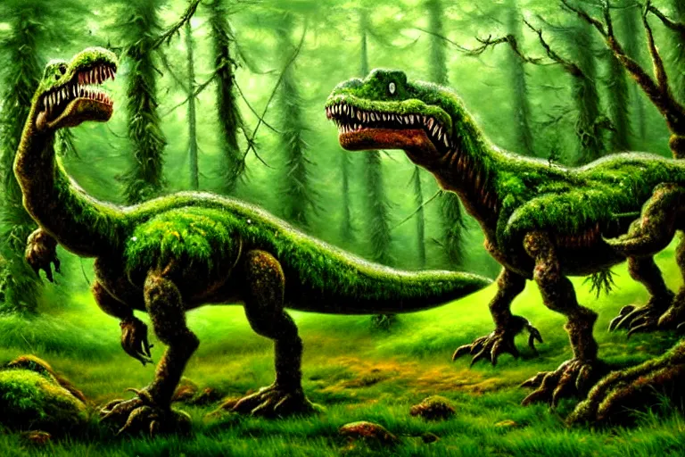 Image similar to highly detailed oil painting of a mossy tire sculpture of a tyrannosaurus in the forest, featured on pixiv