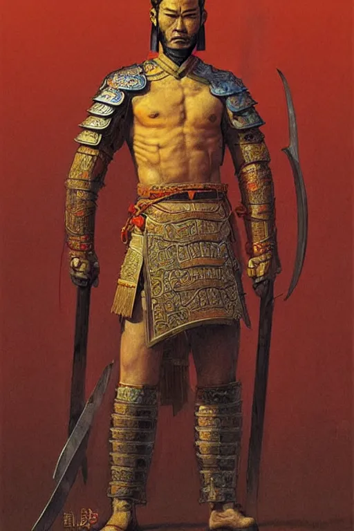 Image similar to warrior, tang dynasty, male, character design, painting by jean giraud, greg rutkowski, carl larsson, tom of finland