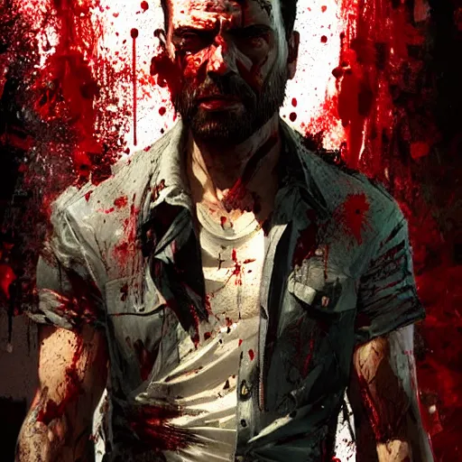 Image similar to Max Payne covered in blood, by Cedric Peyravernay, highly detailed, excellent composition, cinematic concept art, dramatic lighting, trending on ArtStation