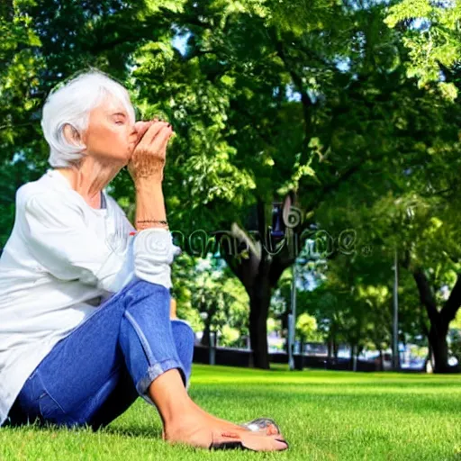 Image similar to an older woman sitting in a park wearing a thin translucent oxygen line under her nose, 4 k, stock photo