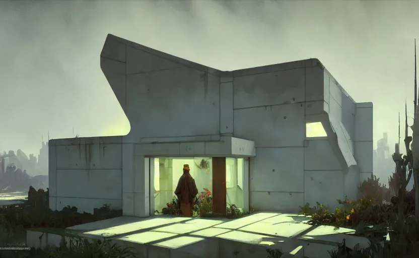 Image similar to painting of a wide angle exterior shot of a white brutalist architecture house with cinematic lighting by darek zabrocki and greg ruthkowski, alphonse mucha, simon stalenhag and cinematic and blue cold atmospheric, archillect concept art, artstation, trending on artstation