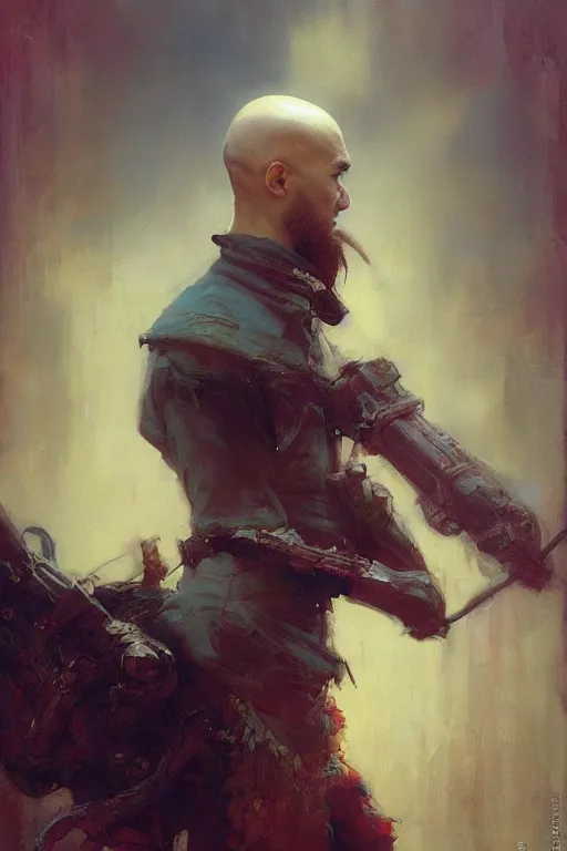 Image similar to beautiful cute bald kazakh guy with a short beard, painted by ruan jia, raymond swanland, lawrence alma tadema, zdzislaw beksinski, norman rockwell, jack kirby, tom lovell, alex malveda, greg staples