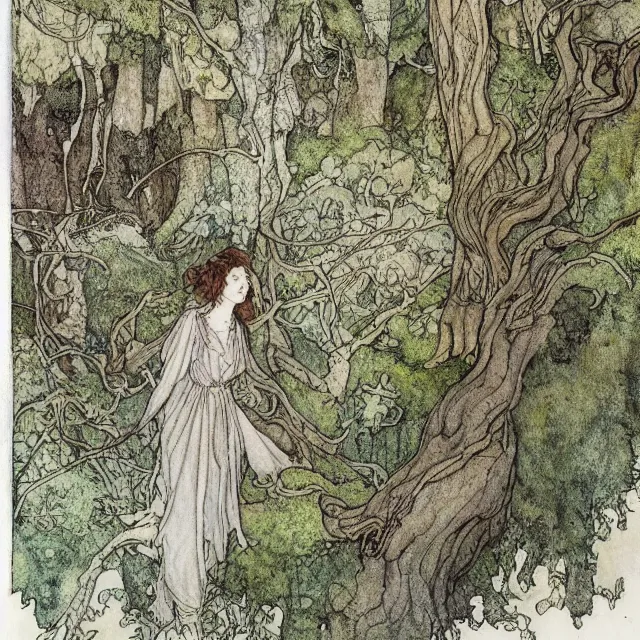 Prompt: a detailed, intricate watercolor and ink portrait illustration with fine lines, of a forest of gnarled trees and mossy ground, by arthur rackham and edmund dulac and ted nutall and mucha