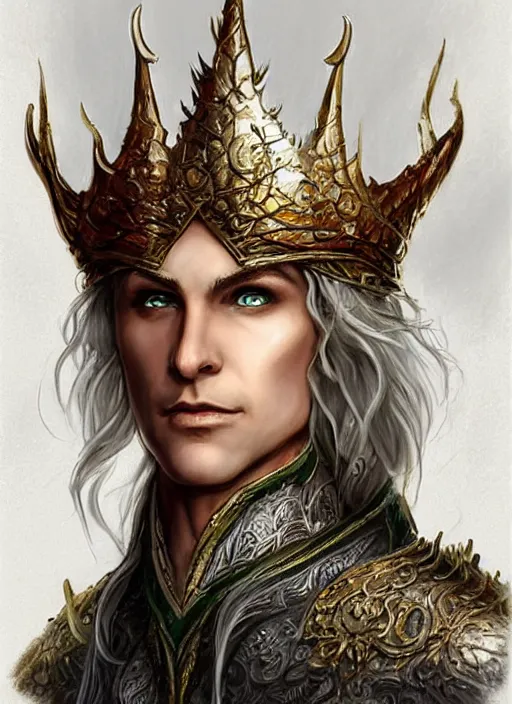 Image similar to elegant elven king wearing a crown, ultra detailed fantasy, dndbeyond, bright, colourful, realistic, dnd character portrait, full body, pathfinder, pinterest, art by ralph horsley, dnd, rpg, lotr game design fanart by concept art, behance hd, artstation, deviantart, hdr render in unreal engine 5