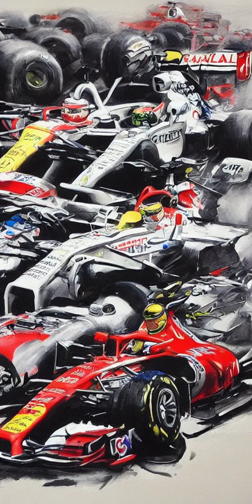 Image similar to oil painting scene from f1 racing by kim jung gi