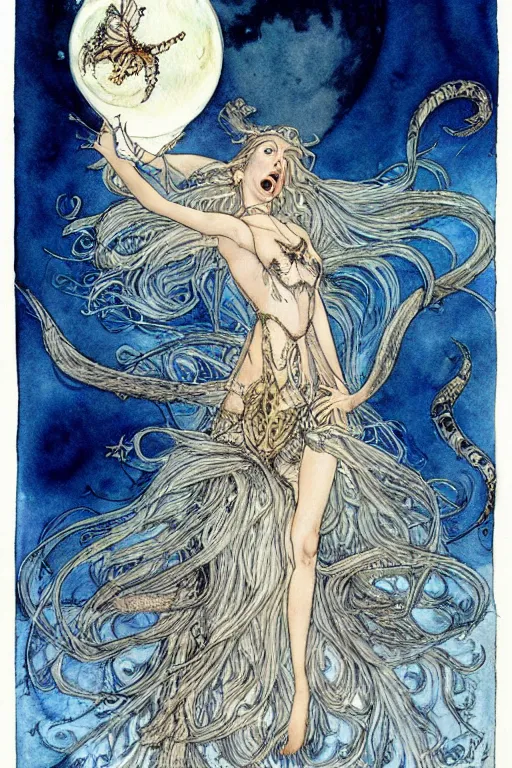 Image similar to moth princess woman howling at the moon with wild hair, art by luis royo and walter crane and kay nielsen, watercolor illustration,