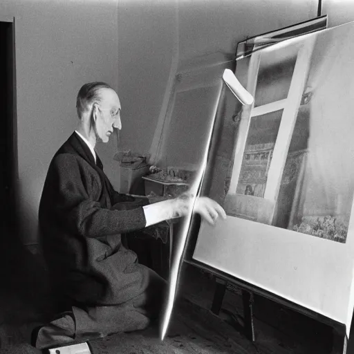 Image similar to a long exposure shot of Marcel Duchamp working on a readymade object, archival pigment print