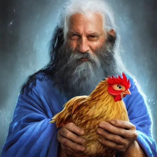 Prompt: a portrait of a wizard holding his pet chicken in his hands by Tony Sart, confused facial expression, blue robe, long white beard, frizzy hair, ArtStation, realistic, detailed